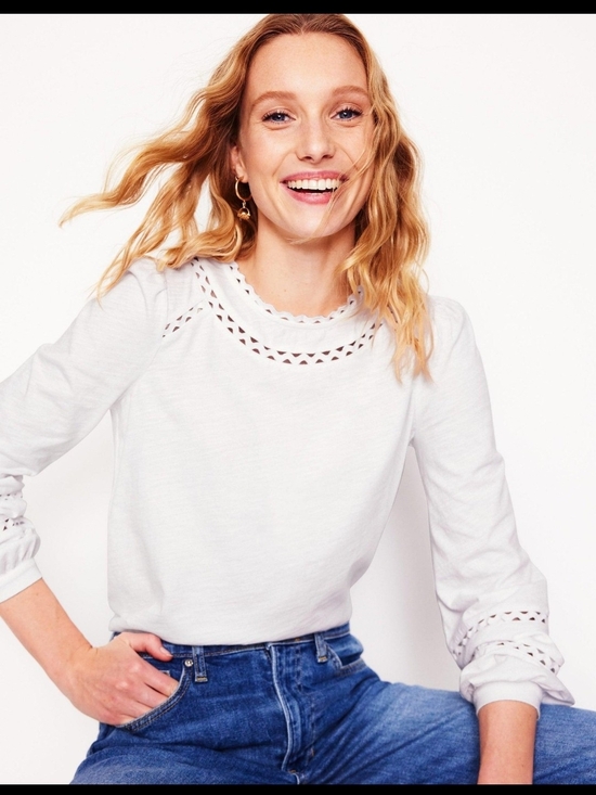 Boden Tops - Boden Daisy Long Sleeve Trim Top White Cotton Openwork US 6